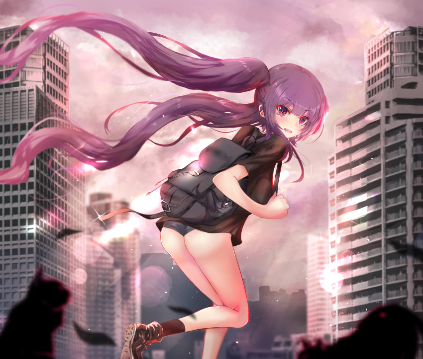 1girl :d absurdres ass backpack bag bangs black_footwear black_legwear black_shirt black_shorts blurry blurry_background blurry_foreground blush boots breasts building commentary_request depth_of_field eyebrows_visible_through_hair habu_rin highres long_hair looking_at_viewer looking_back medium_breasts open_mouth original outdoors purple_hair red_eyes shirt short_shorts short_sleeves shorts skyscraper smile socks solo standing standing_on_one_leg twintails upper_teeth very_long_hair