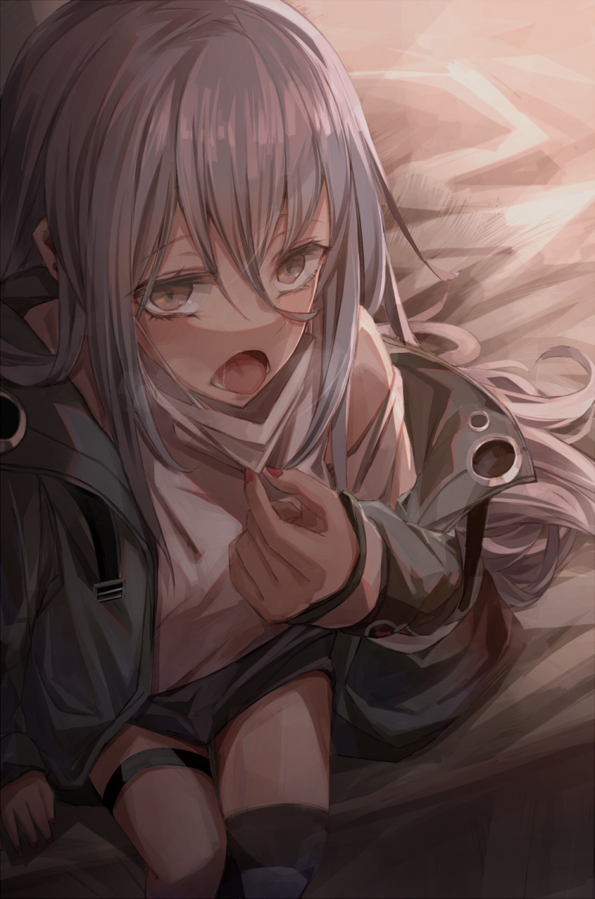 1girl arm_support breath g11_(girls_frontline) girls_frontline grey_hair hair_between_eyes highres jacket long_hair looking_at_viewer mask miyabino_(miyabi1616) nail_polish open_mouth saliva saliva_trail solo thigh_gap tongue tongue_out yellow_eyes