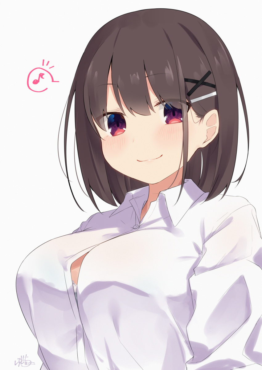 1girl bangs blush breasts brown_eyes brown_hair button_gap commentary_request eyebrows_visible_through_hair hair_ornament hairclip highres large_breasts looking_at_viewer original ramchi short_hair simple_background smile translation_request uniform white_background x_hair_ornament