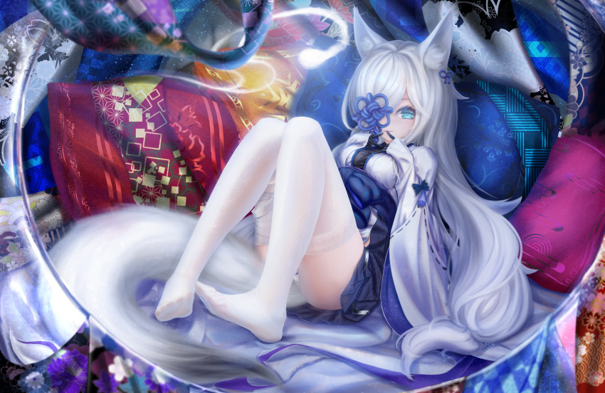 1girl animal_ear_fluff animal_ears azur_lane bird black_gloves bowl chick feet flower_eyepatch fox_ears gloves green_eyes haika hair_over_one_eye highres holding holding_bowl japanese_clothes kasumi_(azur_lane) kimono long_hair mochi no_shoes one_eye_covered pantyhose silver_hair socks soles thigh-highs thighs white_kimono white_legwear yagasuri