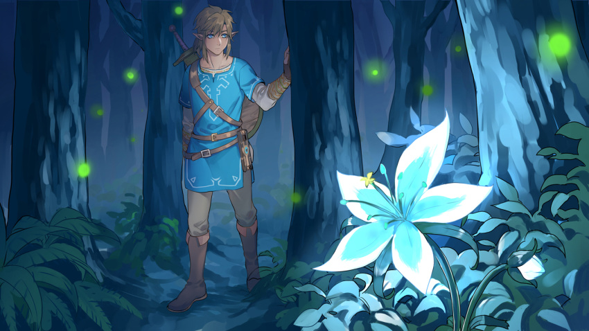 blonde_hair blue_eyes blue_shirt boots fingerless_gloves fireflies flower forest gloves leaf link nature pants sheikah_slate shield shiqi1695 shirt silent_princess sword the_legend_of_zelda tree weapon