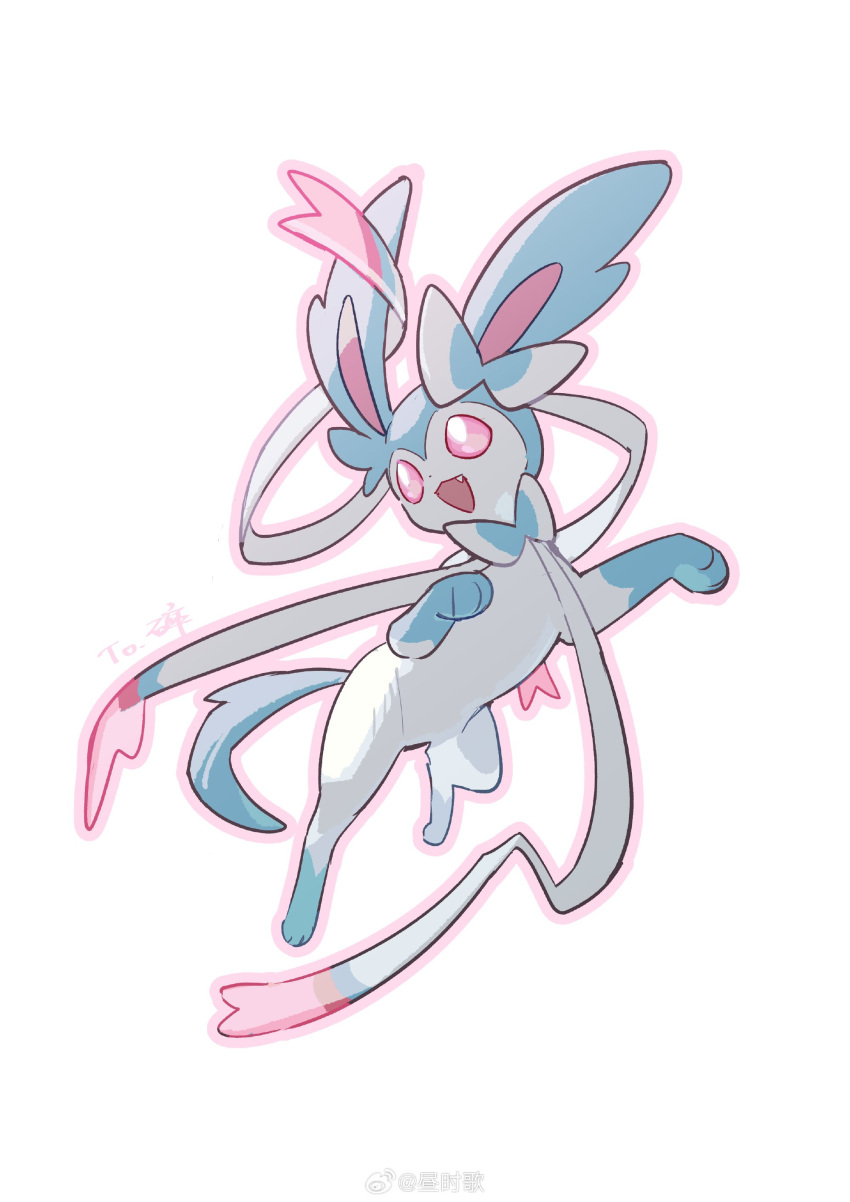 :d absurdres alternate_color bright_pupils commentary_request fang full_body happy highres lanjiujiu no_humans open_mouth pink_eyes pokemon pokemon_(creature) shiny_pokemon smile solo sylveon white_background white_pupils