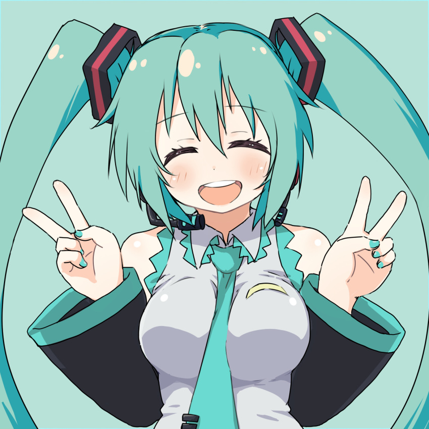 1girl aqua_hair aqua_neckwear between_breasts breasts closed_eyes detached_sleeves double_v hatsune_miku headset highres long_hair nail_polish naitou_kouse necktie necktie_between_breasts simple_background solo twintails upper_body v very_long_hair vocaloid wide_sleeves
