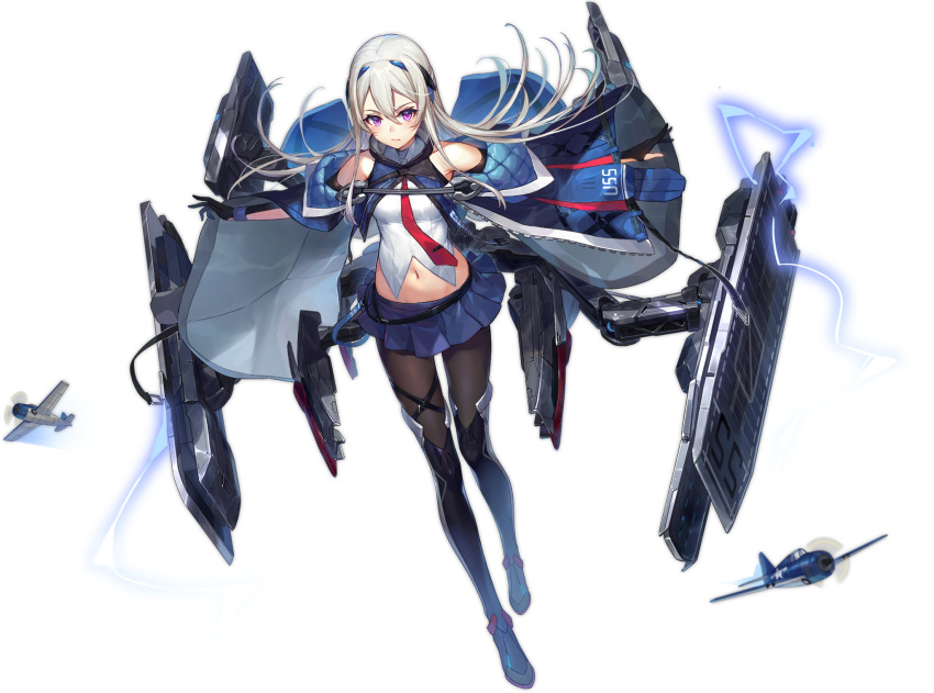 1girl aircraft armpits artist_request azur_lane bare_shoulders black_footwear black_gloves black_legwear blue_jacket blue_skirt boots breasts casablanca_(azur_lane) closed_mouth crop_top elbow_gloves flight_deck floating_hair gloves hair_between_eyes hair_ornament highres jacket long_hair looking_at_viewer machinery medium_breasts midriff miniskirt navel necktie off_shoulder official_art open_clothes open_jacket outstretched_arms pantyhose partly_fingerless_gloves pleated_skirt shirt silver_hair skirt sleeveless sleeveless_shirt solo thigh-highs thigh_boots transparent_background violet_eyes white_shirt