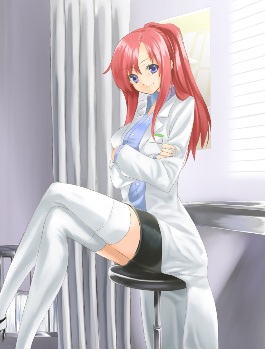 1girl blue_eyes crossed_arms crossed_legs doctor kyon_(fuuran) labcoat original pencil_skirt pink_hair ponytail sitting skirt solo thighhighs