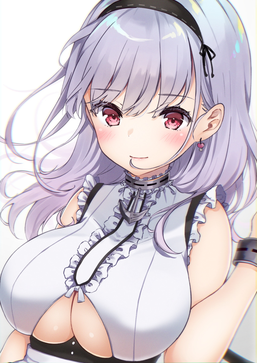 1girl absurdres azur_lane black_hairband blush breasts dido_(azur_lane) earrings eyebrows_visible_through_hair hairband highres huge_filesize jewelry kodama_(koda_mat) large_breasts long_hair looking_at_viewer pink_eyes silver_hair simple_background sleeveless solo under_boob underboob_cutout white_background white_hair