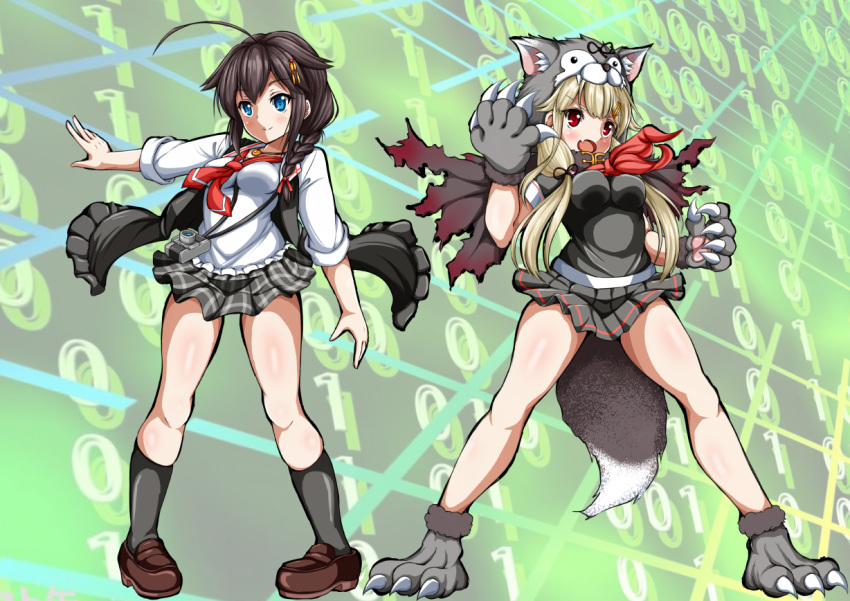 1girl ahoge black_ribbon black_serafuku blonde_hair blue_eyes braid brown_hair camera chaos_0829 claws commentary_request digimon fang fingerless_gloves full_body gloves green_eyes hair_flaps hair_ornament hair_over_shoulder hair_ribbon hairclip kantai_collection loafers long_hair neckerchief necktie open_mouth parody paw_boots paw_gloves paws pleated_skirt poi red_eyes red_neckwear remodel_(kantai_collection) ribbon sailor_collar scarf school_uniform serafuku shigure_(kantai_collection) shoes single_braid single_glove skin_fang skirt socks standing straight_hair tail translation_request upper_body white_sailor_collar white_scarf wolf_hood wolf_tail yuudachi_(kantai_collection)
