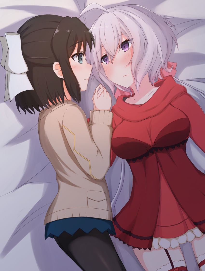 2girls ahoge bed black_hair black_legwear blue_eyes blush breasts closed_mouth collarbone eyebrows_visible_through_hair garter_straps hair_ornament hair_ribbon haphantom highres holding_hands kohinata_miku large_breasts looking_at_another lying multiple_girls on_back on_bed on_side pantyhose ribbon senki_zesshou_symphogear shiny shiny_hair short_hair smile sweater white_hair yukine_chris yuri