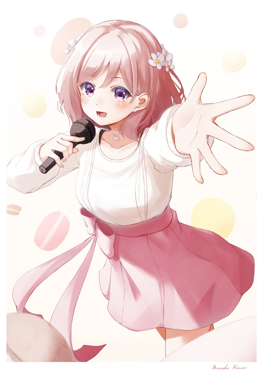 1girl absurdres blush character_name choker collarbone commentary cowboy_shot flower food hair_flower hair_ornament highres holding holding_microphone long_sleeves looking_at_viewer macaron makanon_records masaki_kanon medium_hair microphone music nyan_(reinyan_007) open_mouth outstretched_hand pink_hair pink_skirt shirt simple_background singing skirt smile solo virtual_youtuber white_choker white_shirt