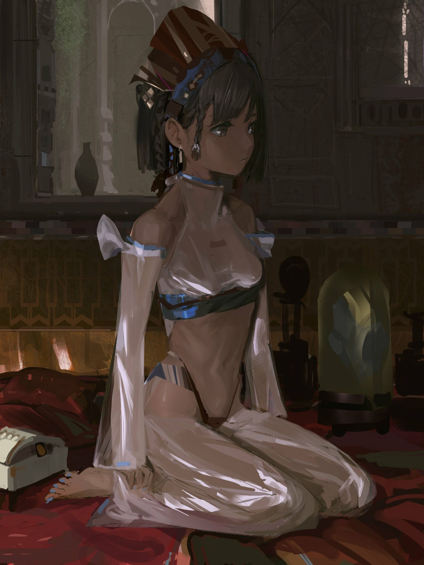 1girl bangs bare_shoulders bare_tree black_eyes black_hair blue_nails blush braid breasts dark_skin detached_sleeves headwear highres navel open_mouth original paindude see-through short_hair sitting solo tree wariza