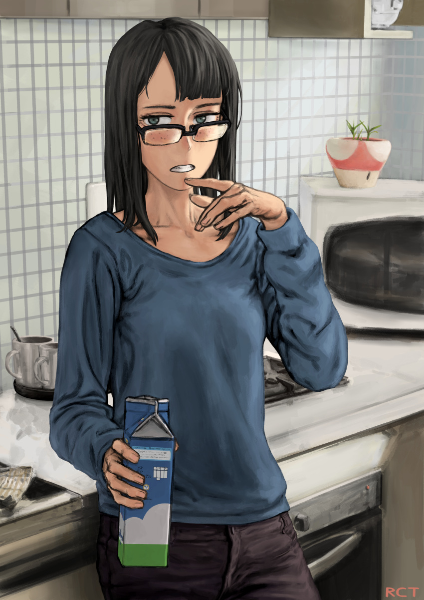 1girl absurdres asymmetrical_bangs bangs black_hair blue_eyes blush denim eizouken_ni_wa_te_wo_dasu_na! freckles glasses grimace highres jeans jimiko kanamori_sayaka kitchen looking_at_viewer loungewear milk milk_carton over-rim_eyewear pants photo-referenced red-core_timber sanpaku semi-rimless_eyewear solo sweater