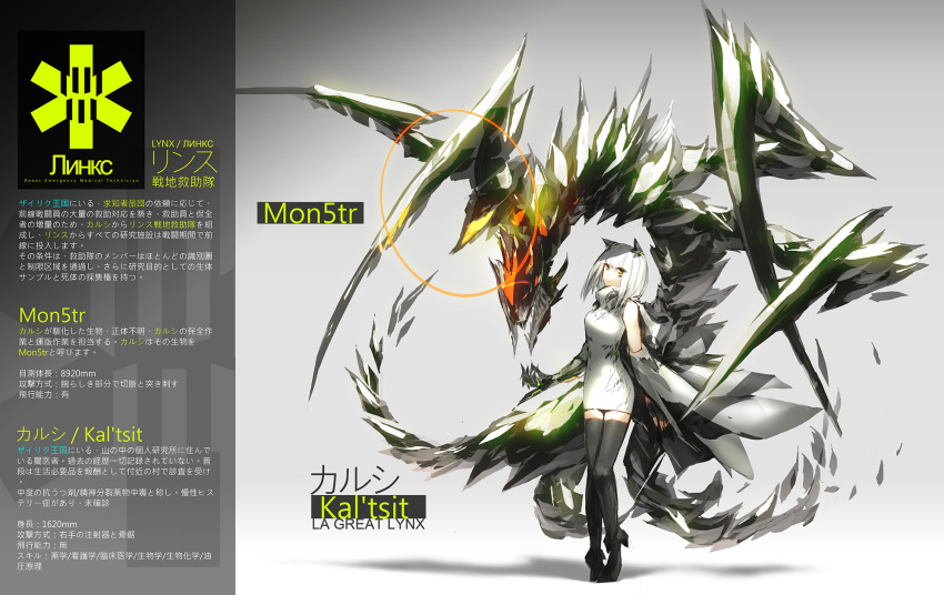 1girl animal_ears character_name character_profile circle detached_sleeves highres looking_at_viewer lowlight_kirilenko lynx_ears mechanical_arm monster neon_trim official_art pixiv_fantasia pixiv_fantasia_t short_hair thigh-highs translation_request white_hair yellow_eyes zettai_ryouiki