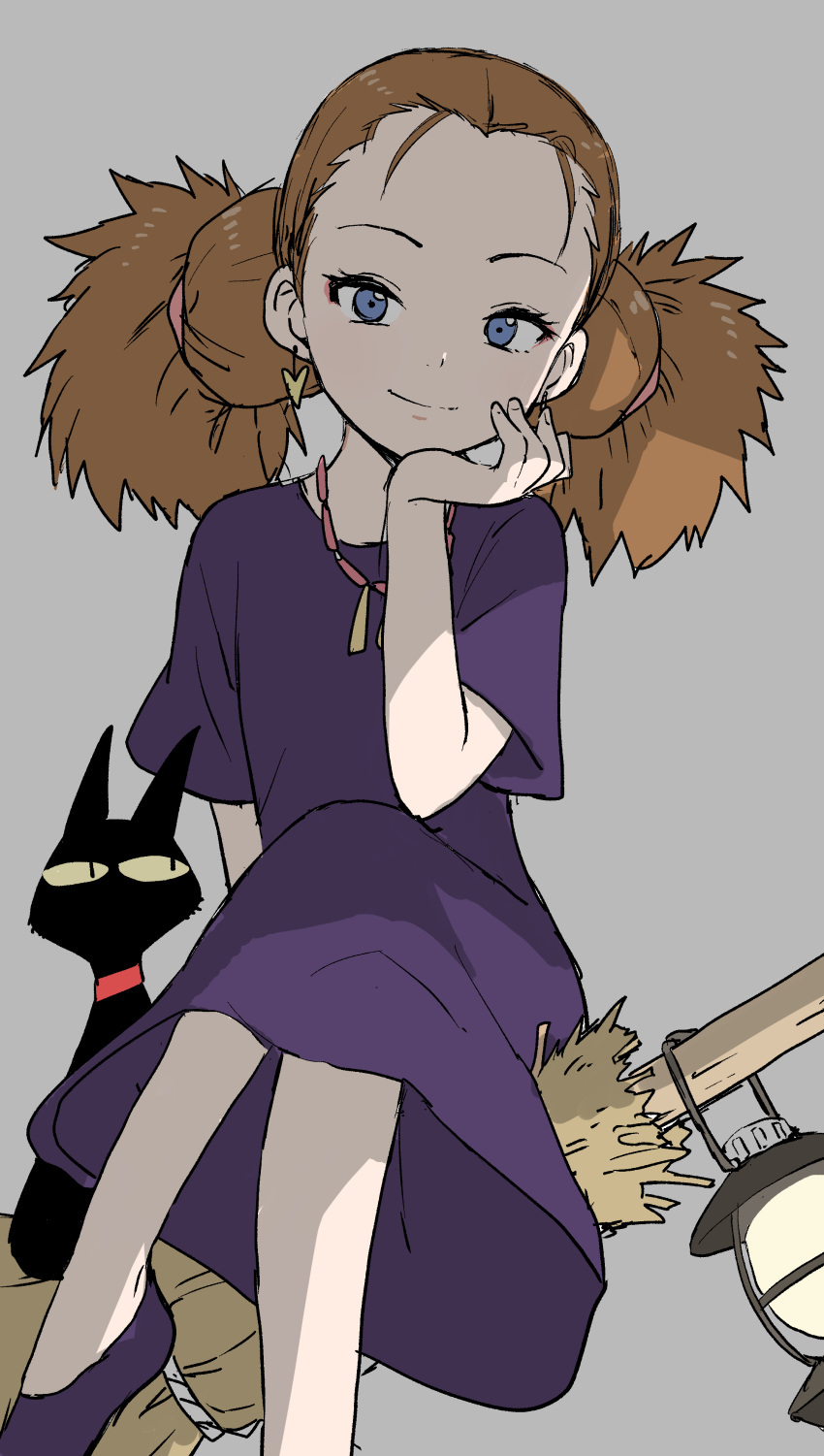 1girl absurdres animal arm_support black_cat blue_eyes broom broom_riding brown_hair cat closed_mouth commentary_request crossed_legs dress earrings forehead grey_background hand_up head_in_hand heart heart_earrings highres jewelry lantern majo_no_takkyuubin necklace purple_dress purple_footwear senior_witch_(majo_no_takkyuubin) shoes short_sleeves simple_background sitting smile solo twintails yamamoto_souichirou