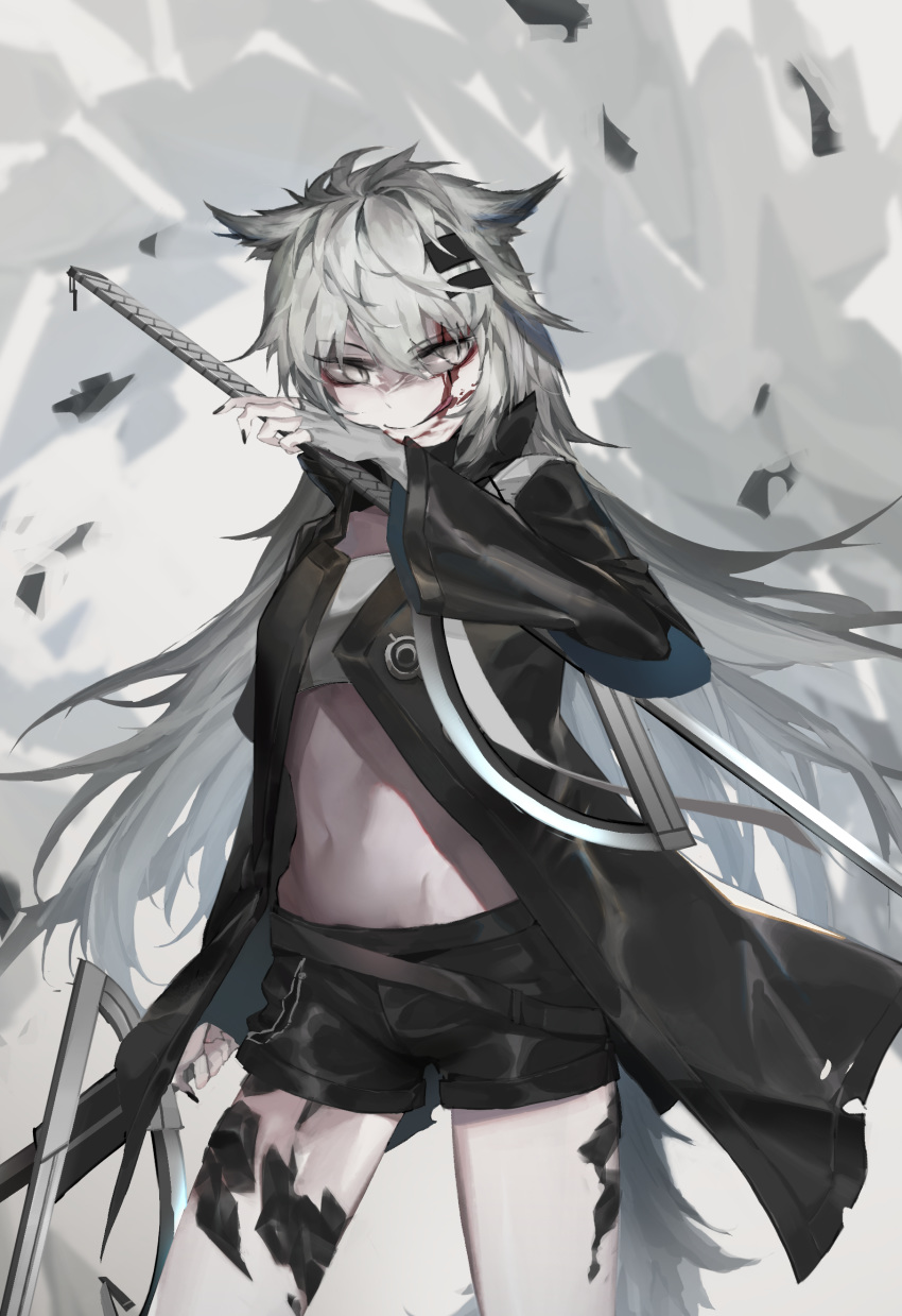 1girl absurdres animal_ears arknights bandeau black_coat black_nails black_shorts blood blood_on_face breasts coat cowboy_shot debris dual_wielding eyebrows_visible_through_hair grey_eyes hair_between_eyes hair_ornament hairclip highres holding icy02 katana lappland_(arknights) licking_blood licking_lips long_hair long_sleeves looking_to_the_side midriff nail_polish navel open_clothes open_coat ore_lesion_(arknights) short_shorts shorts silver_hair slit_pupils small_breasts smile solo standing strapless sword tail thighs tongue tongue_out tubetop weapon wolf_ears wolf_tail