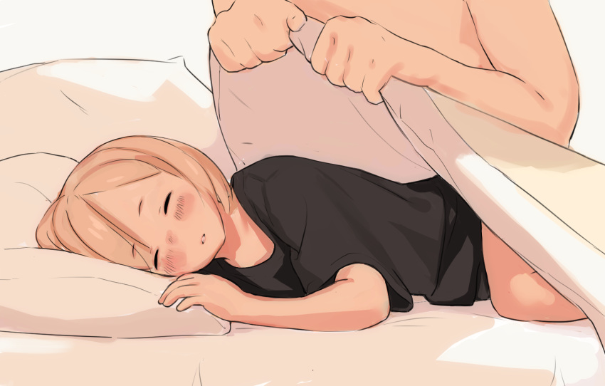 1boy 1girl age_difference bangs bed bed_sheet blonde_hair blush closed_eyes highres i0525 loli lying on_side original pillow shirt short_hair sleeping solo_focus t-shirt