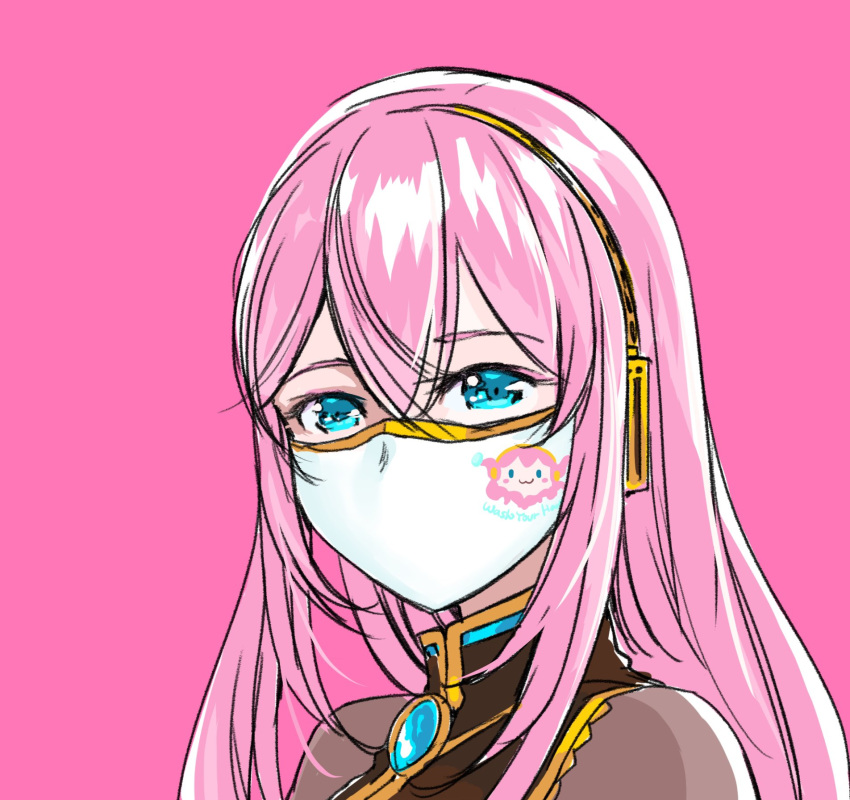 1girl :3 amulet black_shirt blue_eyes character_print commentary english_commentary gold_trim headphones highres long_hair looking_at_another mask mayo_riyo megurine_luka mixed-language_commentary mouth_mask octopus pink_background pink_hair portrait shirt solo takoluka tentacles vocaloid white_mask