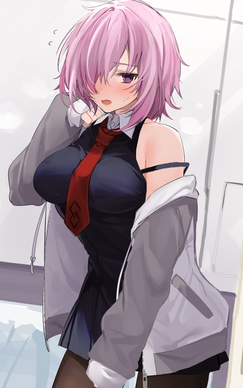 1girl black_dress black_legwear blush bra_strap breasts cowboy_shot dress empty_eyes fate/grand_order fate_(series) grey_jacket hair_over_one_eye highres indoors jacket large_breasts long_sleeves looking_at_viewer mash_kyrielight necktie off_shoulder open_clothes open_jacket pantyhose pink_hair red_neckwear short_hair single_bare_shoulder sleeves_past_wrists solo sweat unzipped violet_eyes xretakex zipper zipper_pull_tab