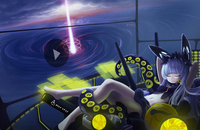 1girl arms_up azur_lane bare_legs barefoot breasts choker closed_eyes dated frilled_choker frills headgear highres lying midriff monitor navel observer_alpha_(azur_lane) ocean on_back play_button recording rigging screen screen_light silver_hair siren_(azur_lane) sleeping small_breasts solo tentacles turret uranophane vortex water