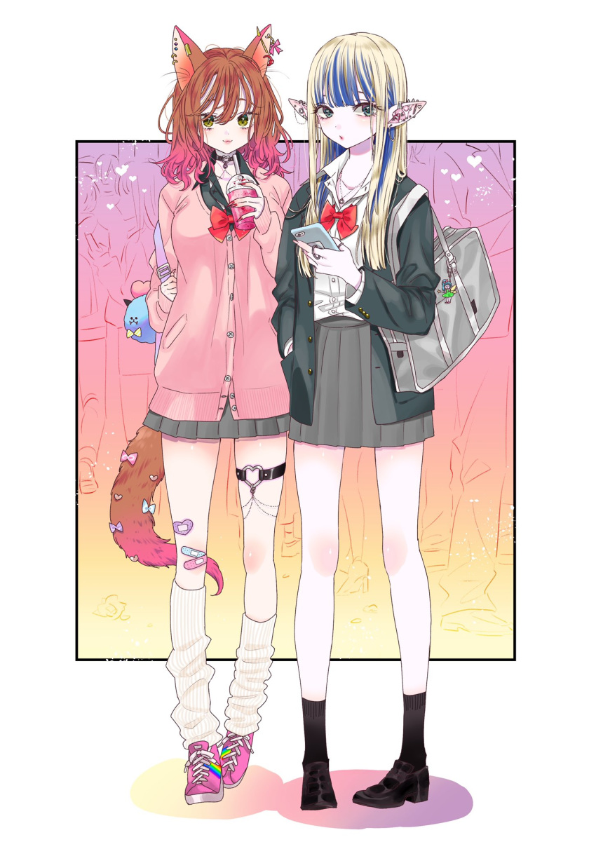 2girls animal_ears bag bandaid black_legwear black_shirt buttons cat_ears cellphone choker collarbone drinking_straw earrings eyelashes fairy fingernails garters gradient gradient_background gradient_hair green_eyes hand_in_pocket heart highres jewelry kawai_rou leg_warmers mary_janes multicolored_hair multiple_girls necklace original out_of_frame phone piercing pink_sweater pointy_ears rainbow red_ribbon ribbon ring school_bag school_uniform shirt shoes smile sneakers stuffed_toy sweater tail whipped_cream white_shirt yellow_eyes