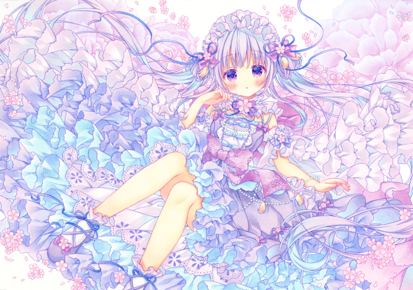 1girl blush bobby_socks bow bracelet cherry_blossoms commentary detached_sleeves double_bun dress feet_out_of_frame floating_hair floral_background flower frilled_dress frills hair_bow hair_flower hair_ornament hairband hand_up jewelry lolita_hairband long_hair looking_at_viewer marker_(medium) original petals petticoat pink_flower purple_bow purple_dress purple_footwear puu_(kari---ume) ribbon shoes sidelocks silver_hair socks solo tassel too_many too_many_frills traditional_media twintails very_long_hair violet_eyes white_background wide_sleeves