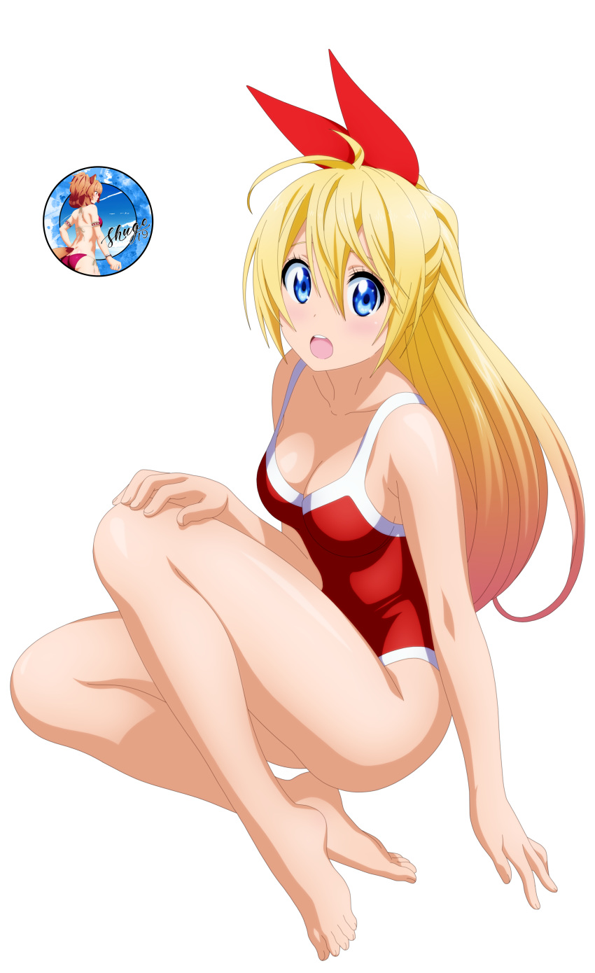 1girl absurdres bare_arms bare_legs bare_shoulders blonde_hair blue_eyes commentary derivative_work hair_ornament highres kirisaki_chitoge looking_at_viewer nisekoi red_ribbon red_swimsuit ribbon school_swimsuit shugo19 swimsuit