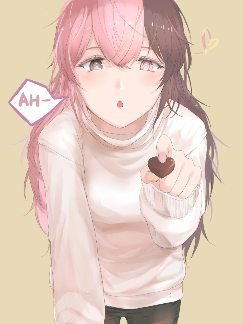 1girl alternate_costume blush brown_eyes brown_hair chocolate hair_between_eyes heart heterochromia highres leaning_forward long_hair looking_at_viewer multicolored multicolored_nails nail_polish neo_politan open_mouth pink_eyes pink_hair rwby solo sweater tl turtleneck yellow_background