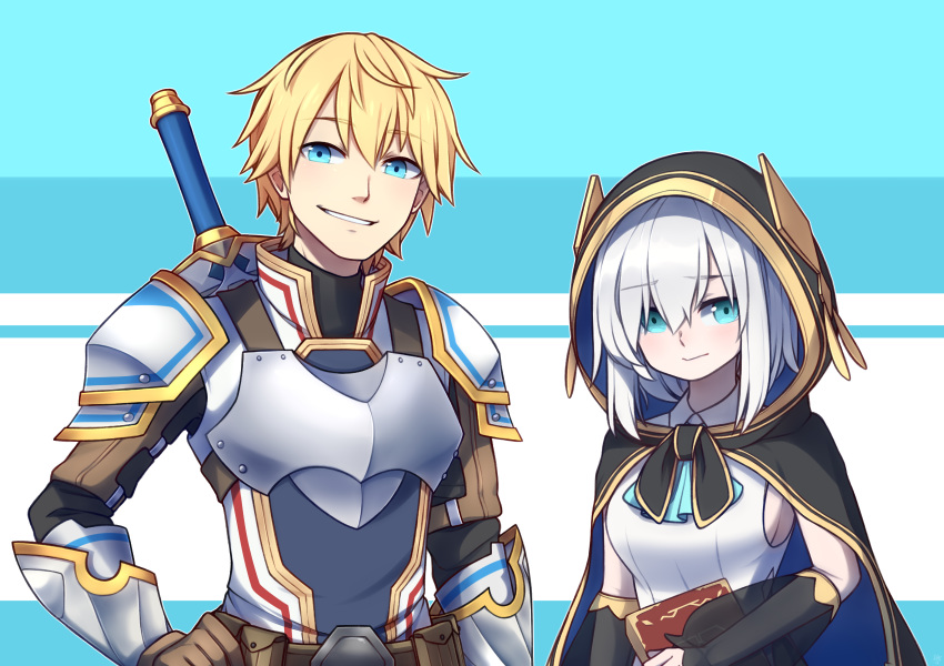 1boy 1girl aqua_eyes armor ars_almal ascot bangs belt_pouch black_cape blonde_hair blue_eyes blue_neckwear book breastplate brown_gloves cape commentary detached_sleeves english_commentary ex_albio eyebrows_visible_through_hair gloves hair_between_eyes hand_on_hip highres holding holding_book hood hood_up hooded_cape nijisanji pouch short_hair shoulder_armor silver_hair simple_background smirk speckticuls sword sword_behind_back vambraces weapon