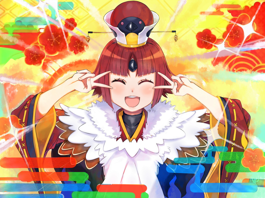 1girl bangs benienma_(fate/grand_order) bird_hat blush breasts brown_headwear closed_eyes double_v egasumi emotional_engine_-_full_drive fate/grand_order fate_(series) feather_trim floral_background hands_up highres japanese_clothes kimono long_hair long_sleeves open_mouth parody parted_bangs red_kimono redhead smile snorkel14 solo sparkle v wide_sleeves yellow_background