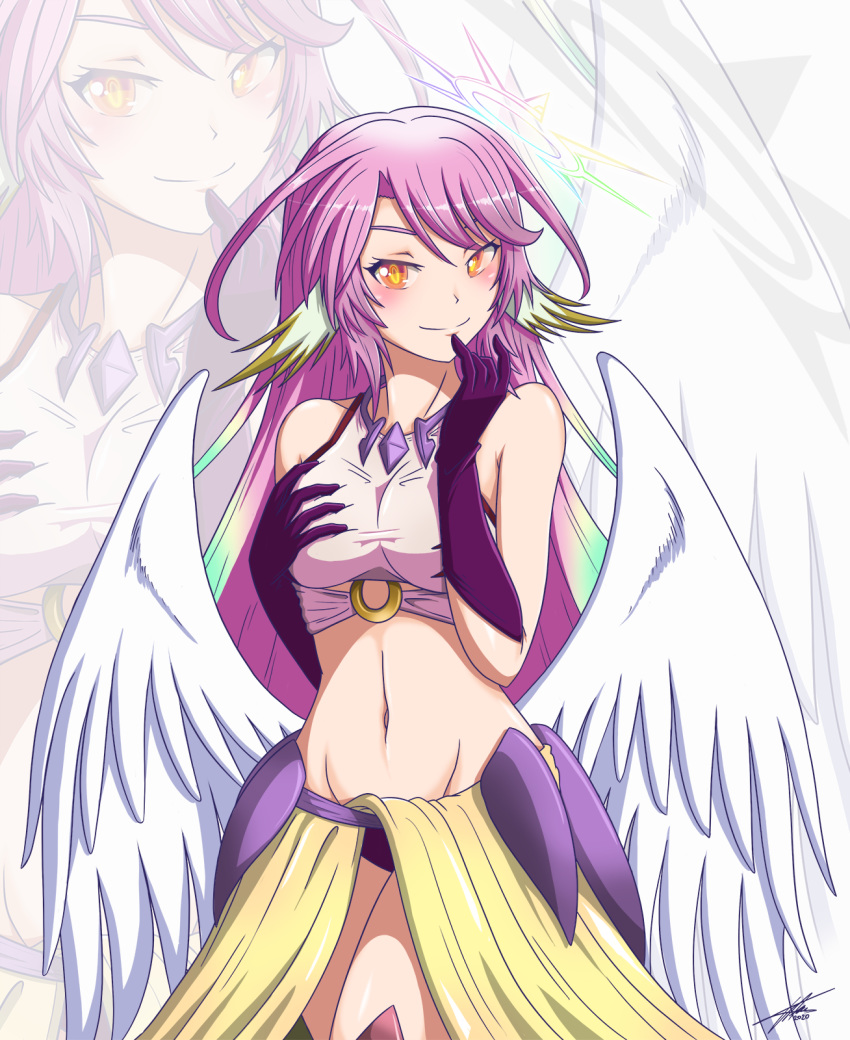 1girl angel_wings asymmetrical_gloves bangs bare_shoulders blush breast_grab breasts commentary commission cowboy_shot crop_top darkstar31 dated elbow_gloves eyebrows_behind_hair feathered_wings finger_to_mouth gloves grabbing grabbing_own_breast gradient_hair groin hair_between_eyes halo highres jibril_(no_game_no_life) large_breasts long_hair looking_at_viewer low_wings midriff mismatched_legwear multicolored multicolored_eyes multicolored_hair navel no_game_no_life o-ring o-ring_top panties pink_hair pink_shirt purple_gloves purple_panties shirt sidelocks signature sleeveless sleeveless_shirt smile standing underwear very_long_hair waistcoat white_wings wing_ears wings yellow_eyes zoom_layer