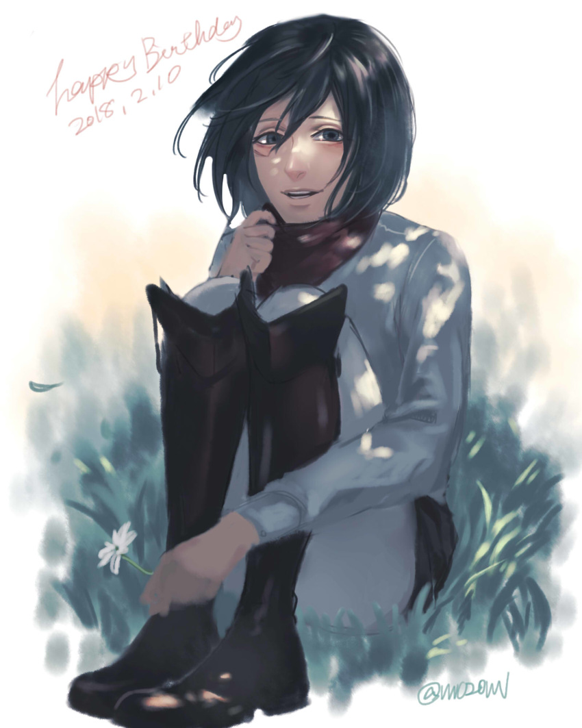 1girl belt birthday black_eyes black_hair blush boots dated facial_scar happy highres knee_boots mikasa_ackerman paradis_military_uniform scar scarf shingeki_no_kyojin shirt short_hair sitting smile solo strap thigh_strap vvv020vvv