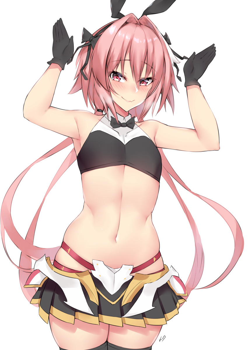 1boy absurdres animal_ears astolfo_(fate) astolfo_(saber)_(fate) black_gloves blush bow bowtie breath closed_mouth crop_top crossdressinging fake_animal_ears fang fate/grand_order fate_(series) flat_chest gloves hair_ribbon heart heart-shaped_pupils highres kuavera long_hair microskirt midriff multicolored_hair navel otoko_no_ko paid_reward patreon_reward pink_eyes pink_hair ribbon short_hair_with_long_locks signature skirt smile stomach streaked_hair symbol-shaped_pupils thigh-highs thighs twintails very_long_hair white_background zettai_ryouiki