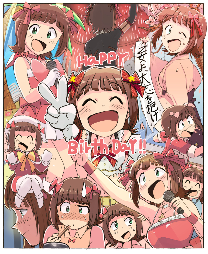 1girl :d ^_^ ^o^ amami_haruka arm_up black_gloves blush bow brown_hair chopsticks closed_eyes collarbone cross cross_necklace eating elbow_gloves facing_viewer gloves green_eyes hair_bow happy_birthday highres holding holding_chopsticks holding_microphone idolmaster idolmaster_(classic) jewelry looking_at_viewer microphone necklace one_eye_closed open_mouth red_bow short_hair short_sleeves smile translation_request tsubobot white_gloves