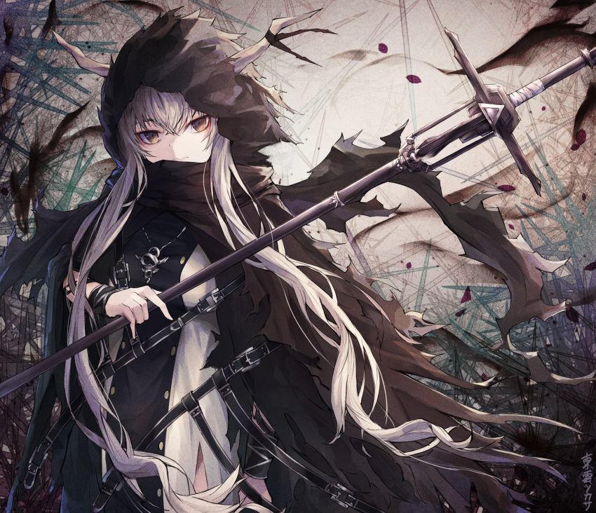 1girl arknights bangs black_cloak black_dress brown_eyes cloak commentary dress hair_between_eyes head_tilt highres holding holding_staff hood hooded_cloak horn_ribbon horns huge_filesize jewelry long_hair looking_at_viewer necklace ribbon shining_(arknights) shinonome_tsukasa silver_hair solo staff upper_body wristband