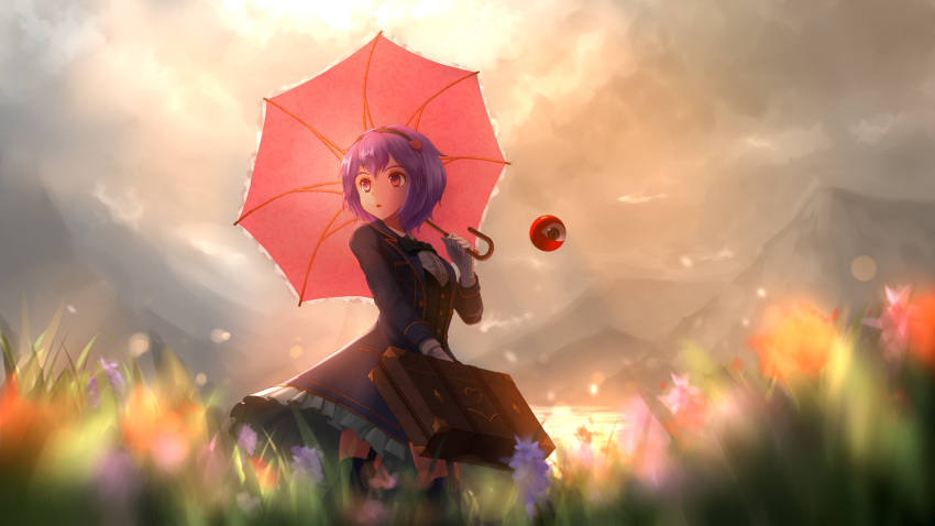 1girl :o aletto-mikan alternate_costume black_bow black_hairband black_vest blue_coat blurry bokeh bow bowtie breast_pocket breasts buttons center_frills clouds cloudy_sky coat commentary day depth_of_field diamond_(shape) dress_shirt eyeball feet_out_of_frame floral_print flower formal frilled_skirt frilled_umbrella frills from_below garter_straps gloves gold_trim gradient_eyes grass hair_between_eyes hair_ornament hairband hand_up heart heart_hair_ornament highres holding holding_suitcase holding_umbrella komeiji_satori lake lavender_flower light_rays long_sleeves looking_at_viewer looking_to_the_side mountainous_horizon multicolored multicolored_eyes outdoors over-kneehighs parasol parted_lips pink_eyes pink_flower pocket purple_hair red_flower scenery shadow shirt short_hair skirt sky sleeve_cuffs solo suit suitcase sunbeam sunlight thigh-highs third_eye touhou umbrella vest violet_eyes waistcoat wallpaper water white_gloves
