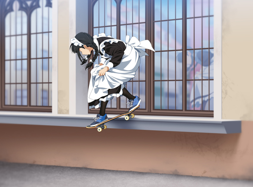 1girl apron black_hair black_legwear black_sleeves blue_footwear bow braid check_commentary commentary_request cross-laced_footwear frills hair_bow holding_dress ledge long_hair long_sleeves maid maid_apron maid_headdress original outdoors reflection shoes skateboard skateboarding sleeve_cuffs sliding smith_grind sneakers solo suzushiro_(suzushiro333) twin_braids twintails
