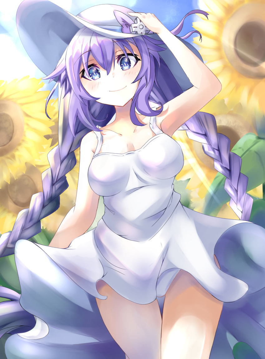 1girl arm_up bangs bimmy blush braid breasts clouds cloudy_sky collarbone commentary d-pad d-pad_hair_ornament dress dress_lift dutch_angle english_commentary eyebrows_visible_through_hair flower hair_between_eyes hair_ornament hat highres light_beam looking_at_viewer medium_breasts neptune_(series) power_symbol purple_hair purple_heart sidelocks sky sleeveless sleeveless_dress smile solo sun_hat sundress sunflower symbol-shaped_pupils twin_braids violet_eyes white_dress white_headwear