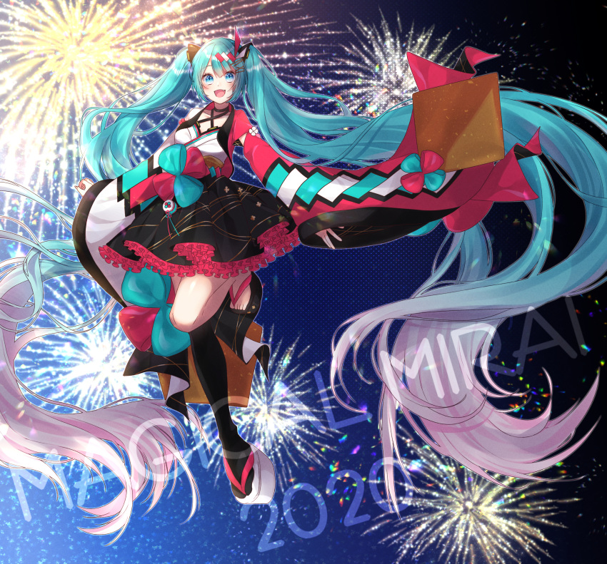 1girl 2020 absurdly_long_hair absurdres aqua_hair black_legwear black_skirt blue_eyes bow commentary copyright_name criss-cross_halter fang fireworks floating frilled_skirt frills full_body hair_ornament halterneck hatsune_miku highres huge_filesize japanese_clothes kimono long_hair looking_at_viewer magical_mirai_(vocaloid) mismatched_sleeves mizuamemochimochi night night_sky open_mouth red_sleeves single_thighhigh skirt sky smile solo thigh-highs twintails very_long_hair vocaloid white_sleeves wide_sleeves yukata zouri