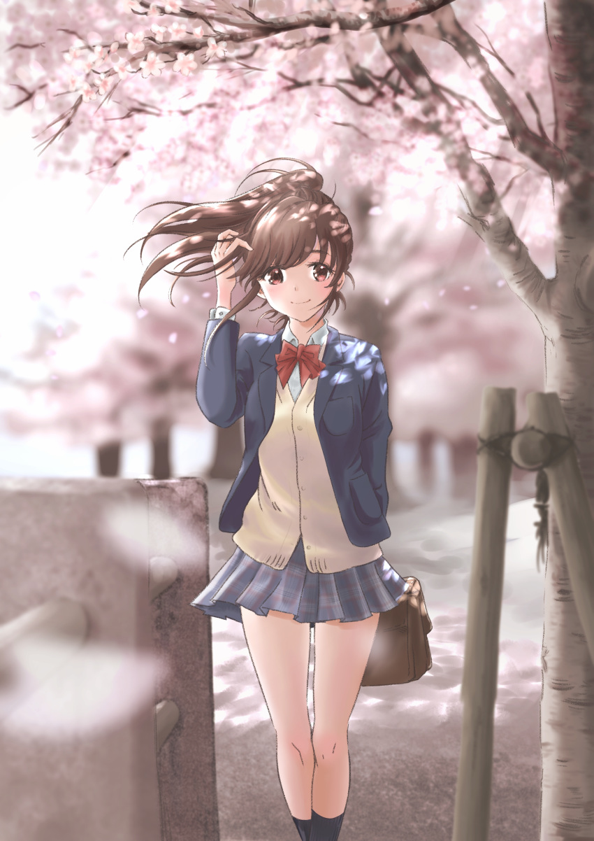1girl absurdres arm_behind_back arm_up bag black_legwear blazer blue_jacket blue_skirt blurry blurry_background bow bowtie brown_eyes brown_hair cherry_blossoms commentary dappled_sunlight day depth_of_field feet_out_of_frame hair_blowing hand_in_hair highres jacket kirin_13 looking_at_viewer miniskirt open_clothes open_jacket original outdoors pleated_skirt ponytail red_neckwear school_bag school_uniform short_hair skirt smile socks solo standing sunlight sweater_vest tree uniform wind