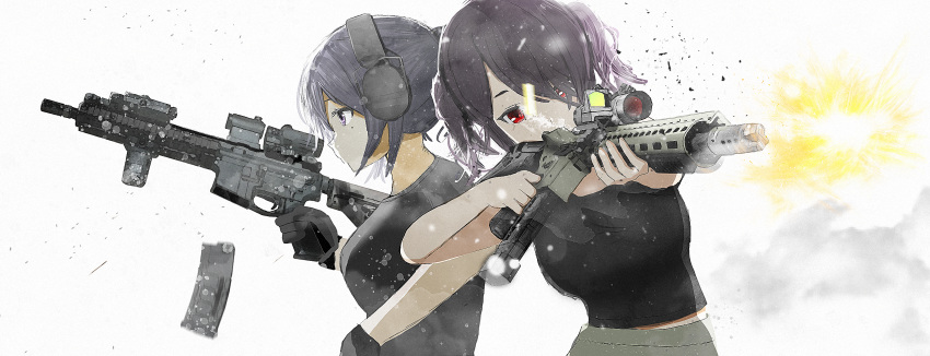 2girls assault_rifle commentary_request firing gloves gun headset highres m4_carbine multiple_girls original partial_commentary red_eyes reloading rifle twintails violet_eyes weapon white_background ylmi
