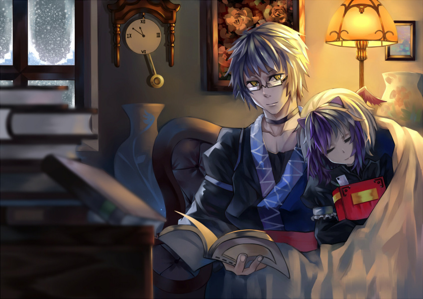 1boy 1girl blanket book chair choker clock closed_eyes collarbone feathered_wings flower glasses holding holding_book horns indoors japanese_clothes lamp long_sleeves morichika_rinnosuke multicolored_hair open_book painting purple_hair short_hair silver_hair sleeping sleeping_on_person sleeping_upright snowing tokiko_(touhou) touhou tsubasa19900920 vase window wings yellow_eyes