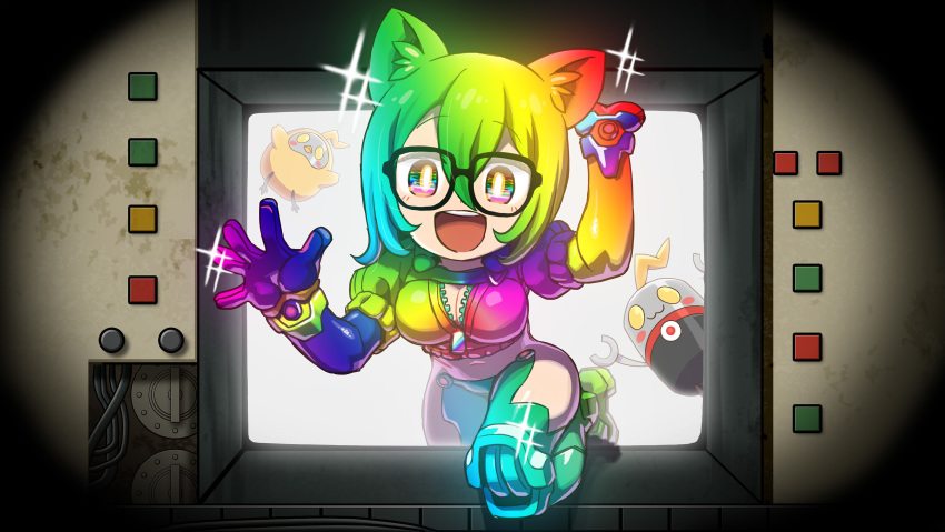 1girl :d absurdres alternate_color android animal_ears black-framed_eyewear breasts chaki_(teasets) commentary_request glasses gloves highres hololive large_breasts looking_at_viewer mask multicolored multicolored_eyes multicolored_hair open_mouth rainbow_eyes rainbow_hair roboco-san roboco_ch. robosaa_(roboco_ch.) robot robotic_legs short_hair smile sparkle virtual_youtuber