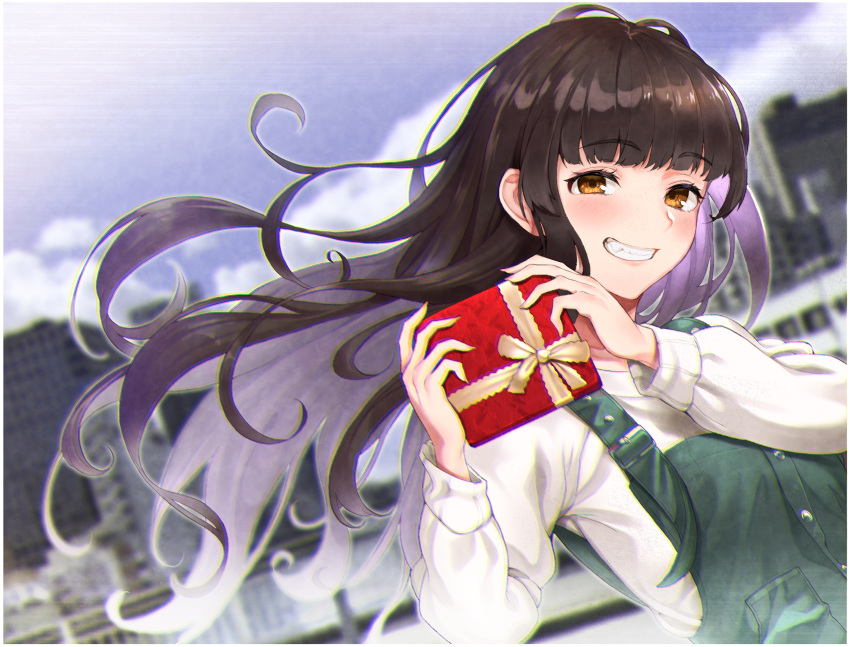 1girl absurdres black_hair blush box brown_eyes e90vwggy fang gift gift_box grin highres holding holding_gift huge_filesize long_hair long_sleeves multicolored_hair original overalls parted_lips purple_hair smile smug teeth valentine very_long_hair