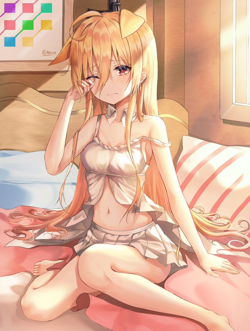 1girl absurdres ahoge animal_ears assault_rifle babydoll bare_arms bare_legs bare_shoulders barefoot blonde_hair breasts detached_collar dog_ears g41_(girls_frontline) girls_frontline gun h&amp;k_g41 hand_up highres indoors kano_(mgnnew12) lingerie long_hair looking_at_viewer medium_breasts midriff miniskirt navel on_bed one_eye_closed pillow pleated_skirt red_eyes rifle sitting skirt solo spaghetti_strap stomach strap_slip underwear very_long_hair weapon white_skirt
