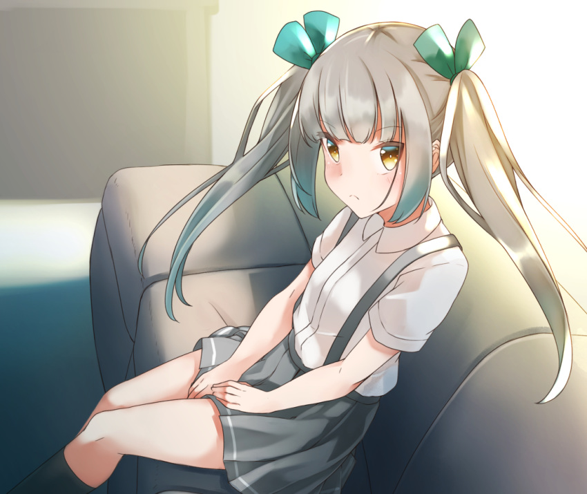 1girl alternate_hairstyle bangs black_legwear blush brown_eyes collared_shirt comah commentary_request couch dress_shirt eyebrows_visible_through_hair feet_out_of_frame green_ribbon grey_hair grey_skirt hair_ribbon kantai_collection kasumi_(kantai_collection) kneehighs light_frown long_hair on_couch pleated_skirt ribbon shirt sidelocks sitting skirt solo suspender_skirt suspenders twintails very_long_hair white_shirt