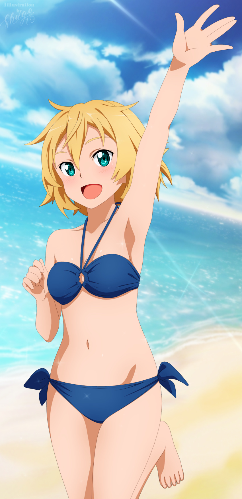 1girl absurdres arm_up armpits bare_arms bare_shoulders barefoot bikini blonde_hair blue_bikini blue_eyes blue_sky blush clouds commentary derivative_work highres huge_filesize looking_at_viewer ocean open_mouth philia_(sao) shugo19 sky swimsuit sword_art_online