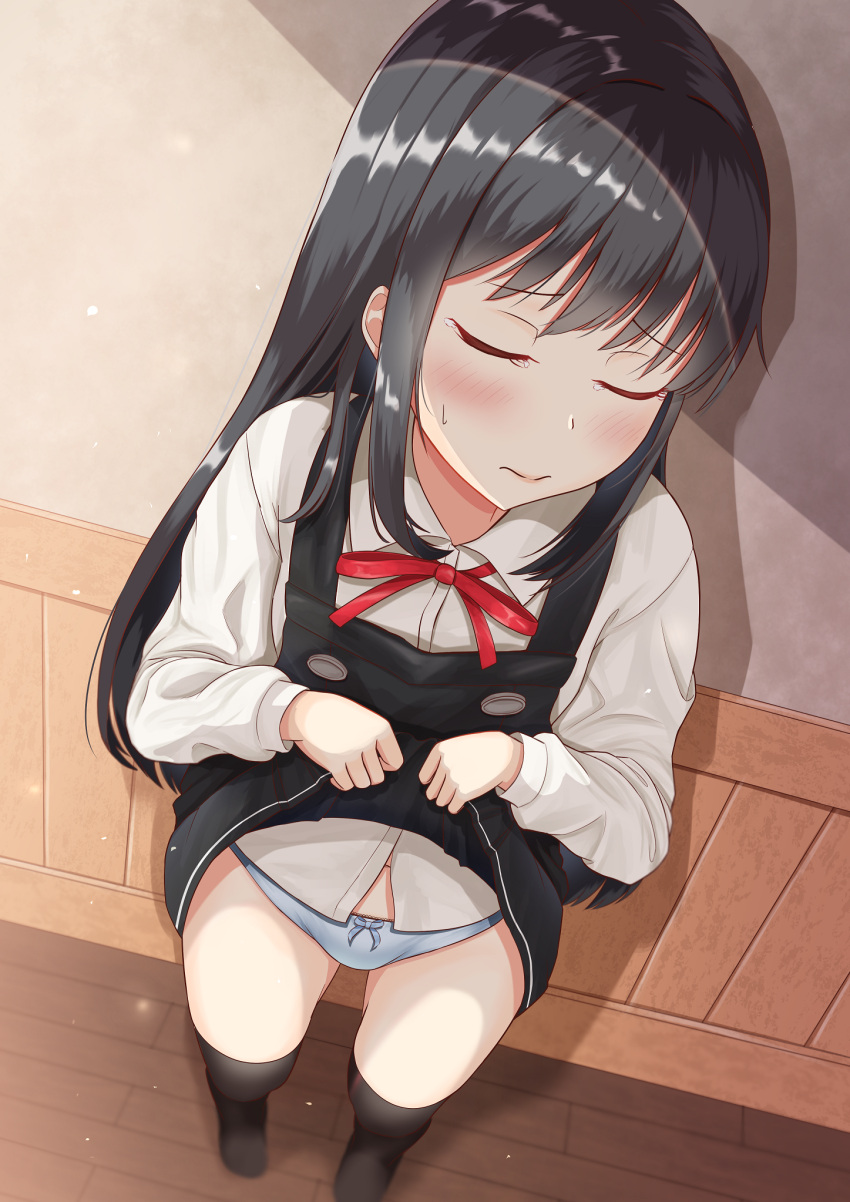 1girl 3: asashio_(kancolle) black_hair black_legwear blue_panties closed_eyes clothes_lift commentary_request dress dress_lift dress_shirt from_above full_body highres kantai_collection lifted_by_self long_hair long_sleeves panties perspective pinafore_dress shirt solo standing thigh-highs underwear white_shirt zuki
