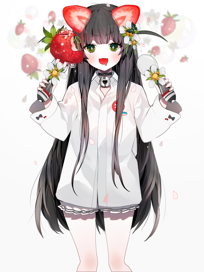 1girl absurdres bell bell_collar black_choker black_hair choker collar collared_shirt drooling english_commentary eyebrows_visible_through_hair fang feet_out_of_frame flower food fork fruit green_eyes hair_ornament hands_up highres holding holding_fork holding_spoon long_hair muaooooo open_mouth original petals saliva shirt solo spoon standing strawberry very_long_hair water_drop white_background white_flower white_shirt