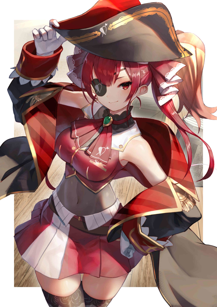 1girl absurdres arm_up bare_shoulders bicorne black_headwear black_jacket breasts closed_mouth commentary covered_navel epaulettes gloves grey_legwear hair_ribbon hand_on_headwear hand_on_hip hat highres hololive houshou_marine jacket long_hair long_sleeves medium_breasts off_shoulder open_clothes open_jacket pirate_hat red_eyes red_ribbon red_shirt red_skirt redhead ribbon shirt side_ponytail skirt sleeveless sleeveless_shirt smile solo sukocchi thigh-highs virtual_youtuber white_gloves