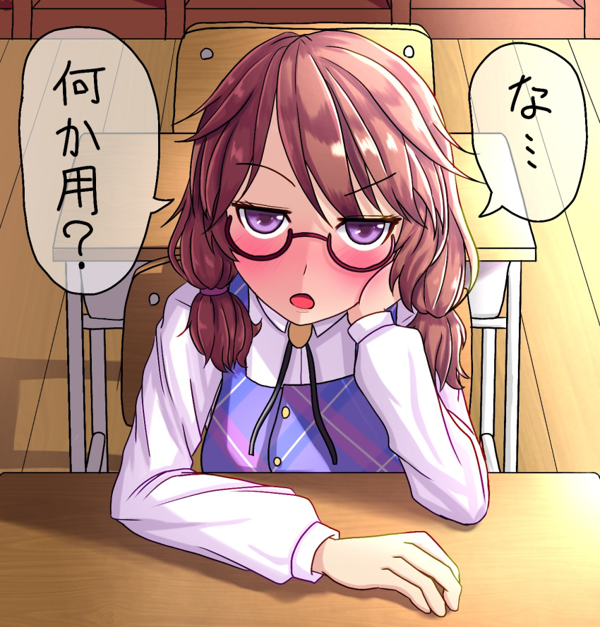 1girl bow brown_hair commentary_request desk fusu_(a95101221) glasses hat highres looking_at_viewer low_twintails partial_commentary plaid plaid_skirt plaid_vest red-framed_eyewear school_desk school_uniform semi-rimless_eyewear short_hair skirt solo touhou translated twintails under-rim_eyewear usami_sumireko vest