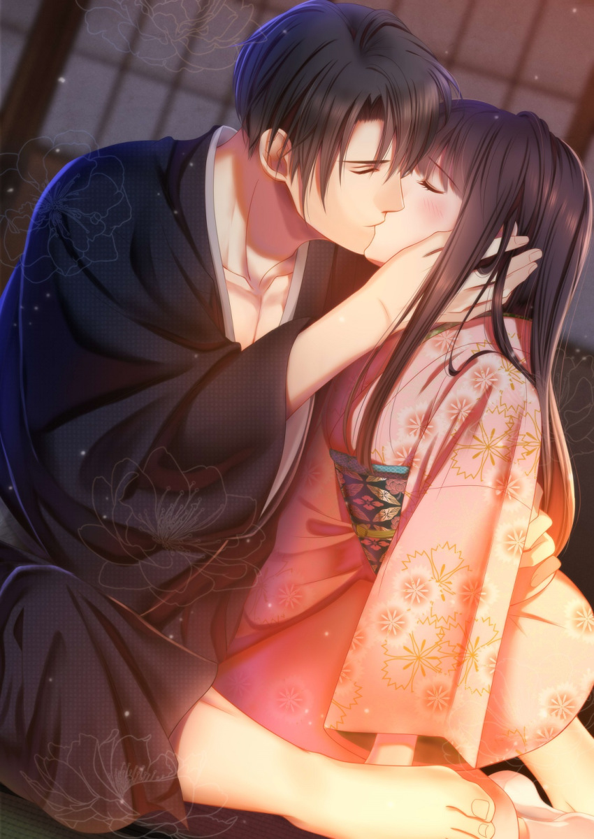 1boy 1girl barefoot black_hair black_kimono closed_eyes collarbone dutch_angle facing_another hetero highres indoors izumi_(stardustalone) japanese_clothes kimono kiss long_hair no_eyewear obi pink_kimono renri_no_chigiri_wo_kimi_to_shiru sash sitting tatami